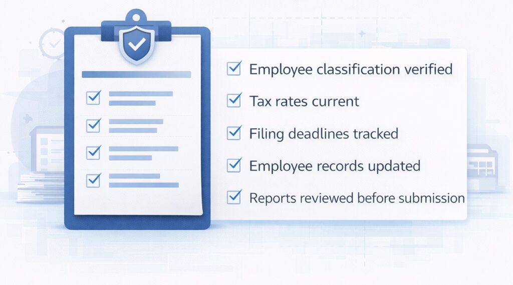 Payroll compliance checklist including employee classification verification, tax rate updates, filing deadlines, and payroll report review